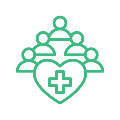 green silhouettes of 5 people and heart shape with medical plus sign