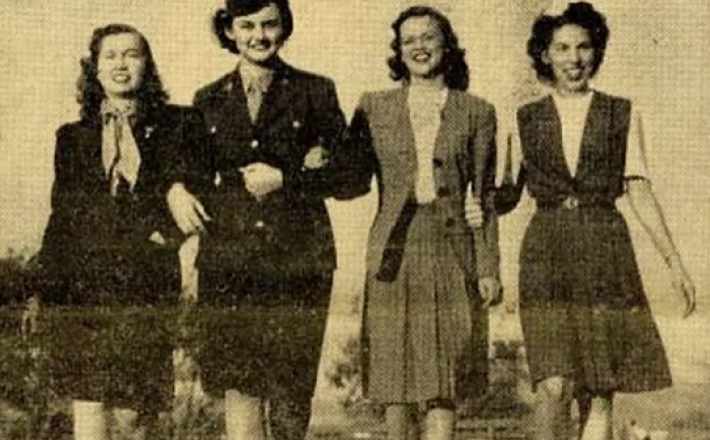 Black and white image of four women from 1940s era