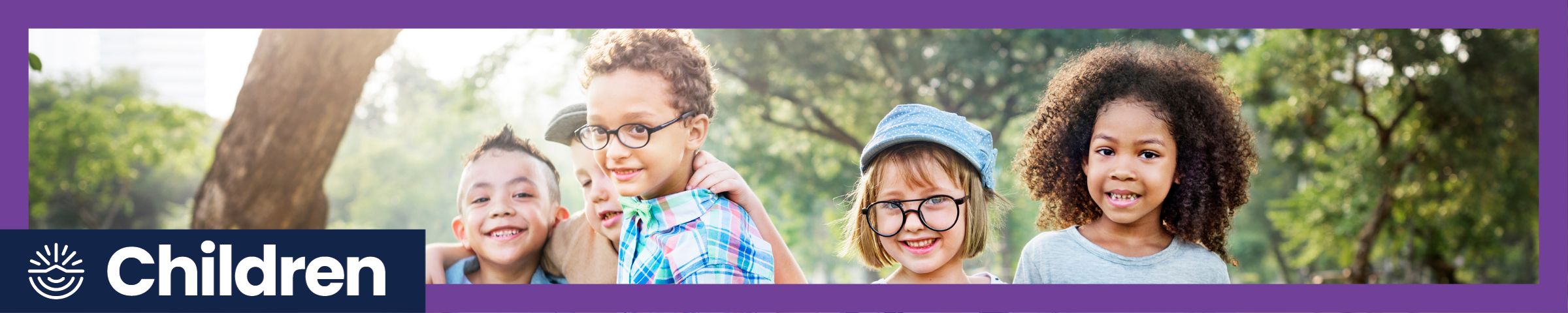 Children playing outdoors photo with purple frame labelled "Children"