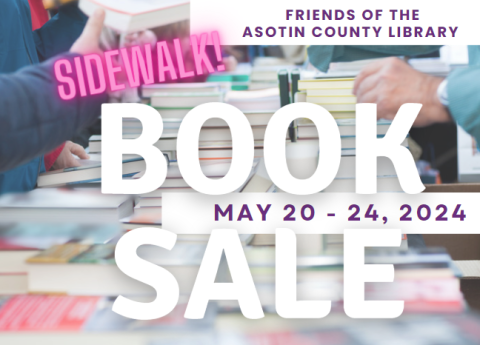 Large text Sidewalk Book Sale with background image of books on a table