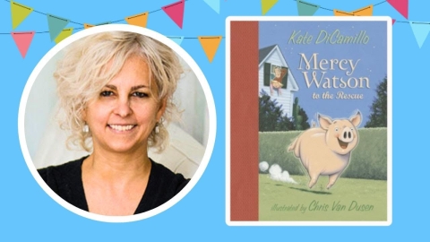 Kate DiCamillio author image with Mercy Watson to the Rescue book cover