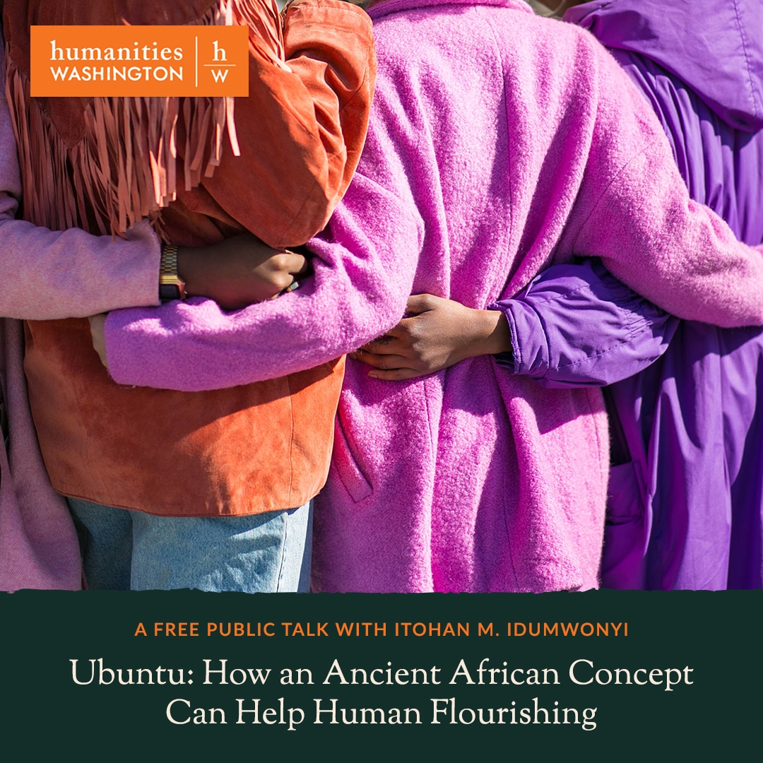 Colorful photo of three people's back hugging. Includes orange Humanities WA logo.