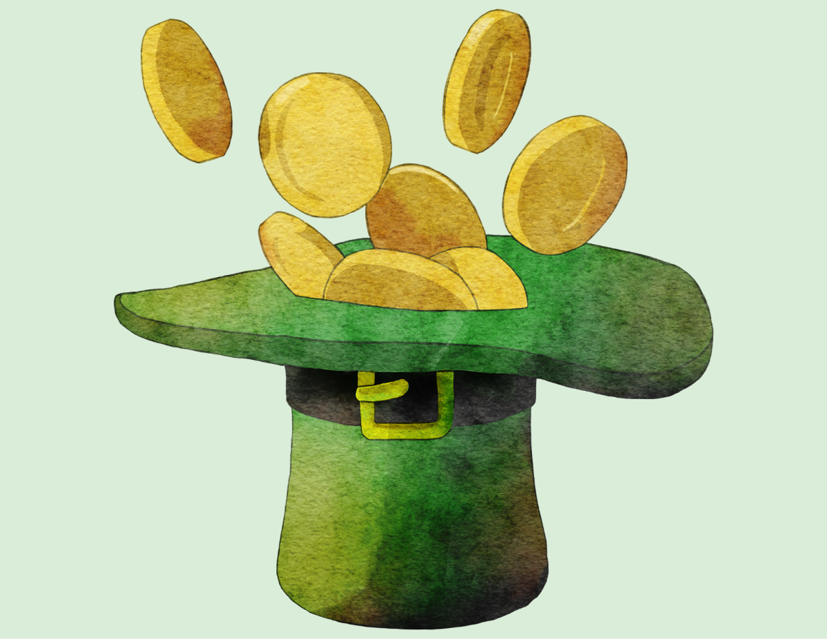 an upside down leprechaun hat with gold coins falling into it